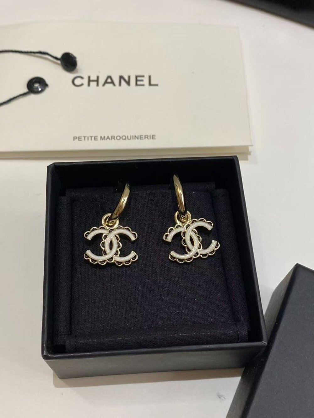 Chanel Double C White Mother-of-Pearl Lace Hoop Earrings